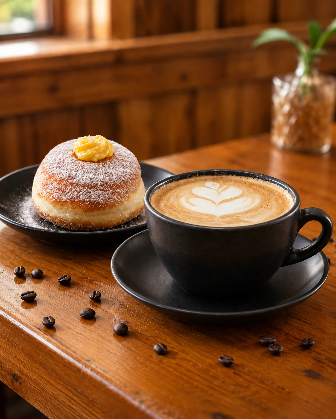Cappuccino italiano acompañado de un bombolone de crema