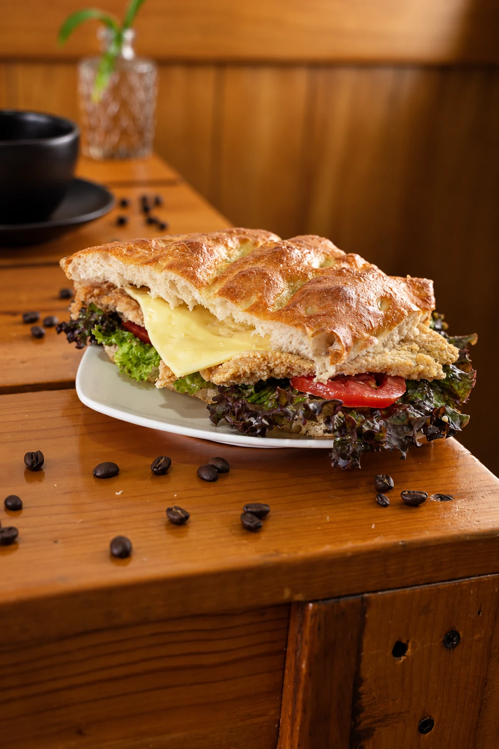 Focaccia artesanal rellena de pollo, queso, lechuga y jitomate